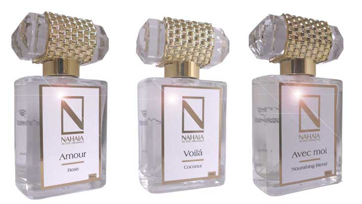 Natural Perfume Gift Set (3 × 50ml Eau de Parfum) – A luxury trio of organic essential oil perfumes: Nourishing Blend, Rose, and Coconut. Natural, non-synthetic, sensual, and uplifting.