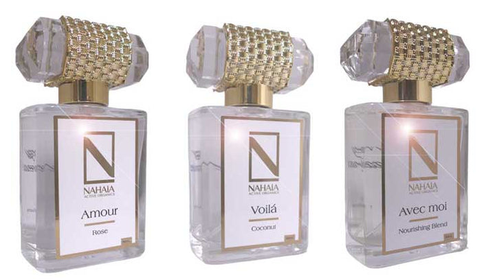 Natural Perfume Gift Set (3 × 50ml Eau de Parfum) – A luxury trio of organic essential oil perfumes: Nourishing Blend, Rose, and Coconut. Natural, non-synthetic, sensual, and uplifting.