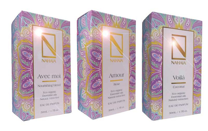 Natural Perfume Gift Set (3 × 50ml Eau de Parfum) – A luxury trio of organic essential oil perfumes: Nourishing Blend, Rose, and Coconut. Natural, non-synthetic, sensual, and uplifting.