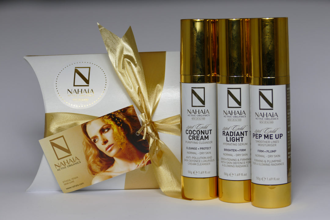 24CT GOLD GIFT PACK 3 IN 1 - FULL SIZE 1.76oz – CLEANSER, SERUM, MOISTURISER - NAHAIA Active Organics 