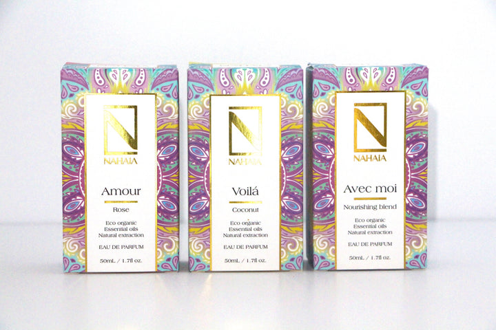 Natural Perfume Gift Set      3 × 1.76 fl oz Eau de Parfum A luxury trio of organic essential oil perfumes: Nourishing Blend, Rose, and Coconut. Natural, non-synthetic, sensual, and uplifting.